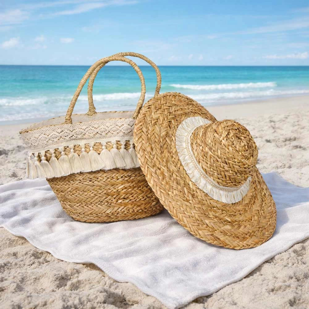 Borsa con Cappello Mare in omaggio in Paglia Intrecciata con Nappe in Cotone