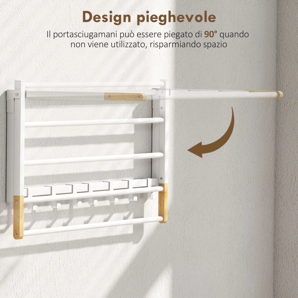 Portasciugamani a Parete Pieghevole ¨C Xylo ¨C Legno e Acciaio, 5 Barre, 6 Ganci, 60x32.5x20 cm, Bianco