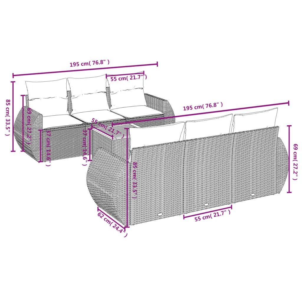 Set Divani da Giardino 7 pz con Cuscini Beige in Polyrattan