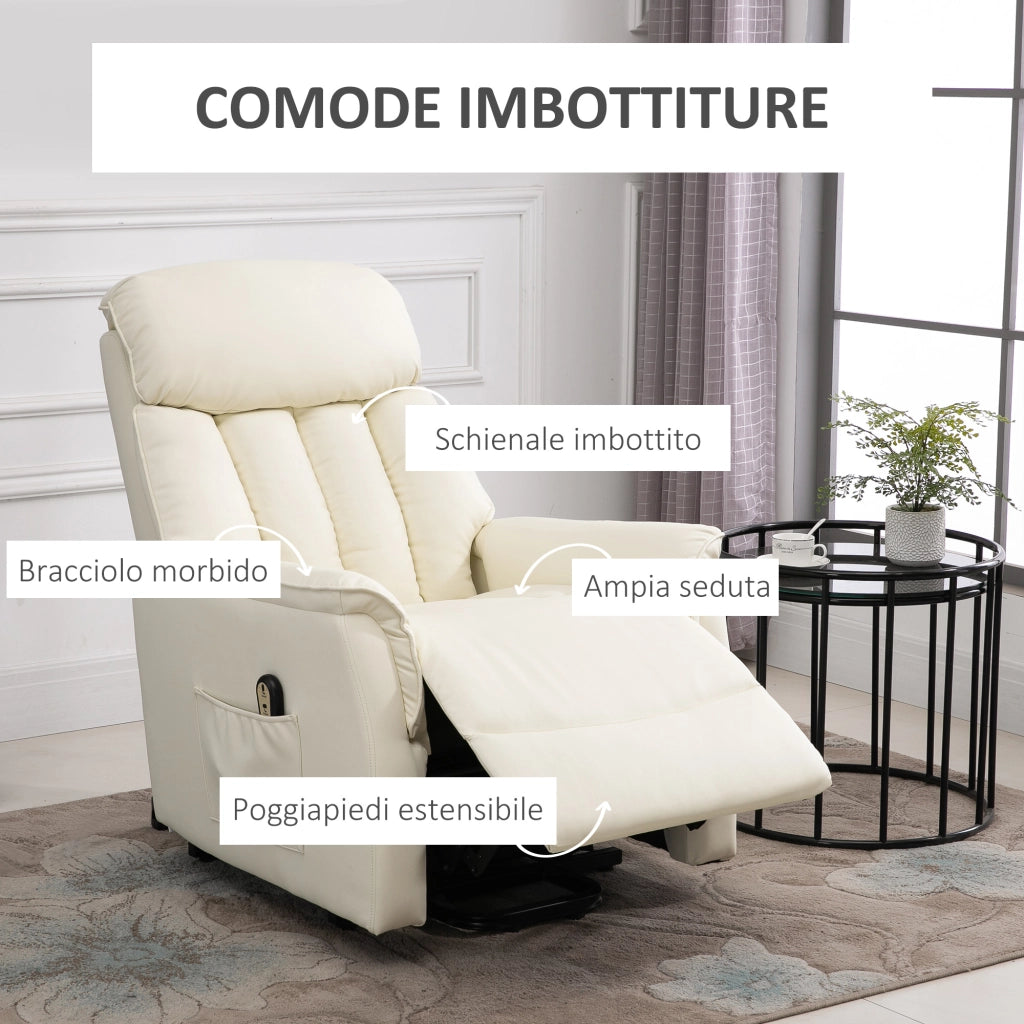 Poltrona Elettrica Reclinabile Alzapersona ¨C zephmum ¨C Crema Pelle PU con Telecomando e Poggiapiedi
