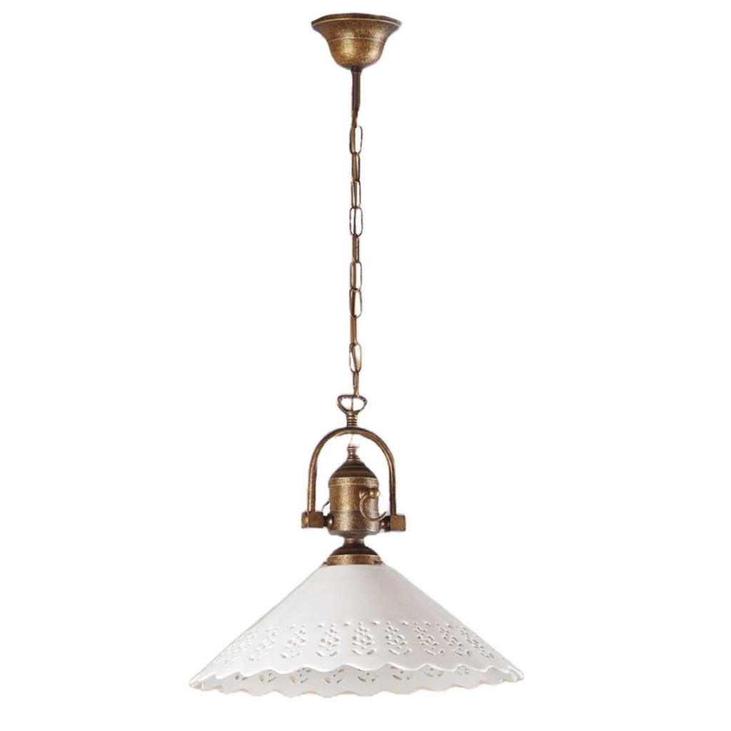 VOLTERRA Lampadario a Sospensione Ø40 in Ceramica Bianca Traforata e Ottone Anticato