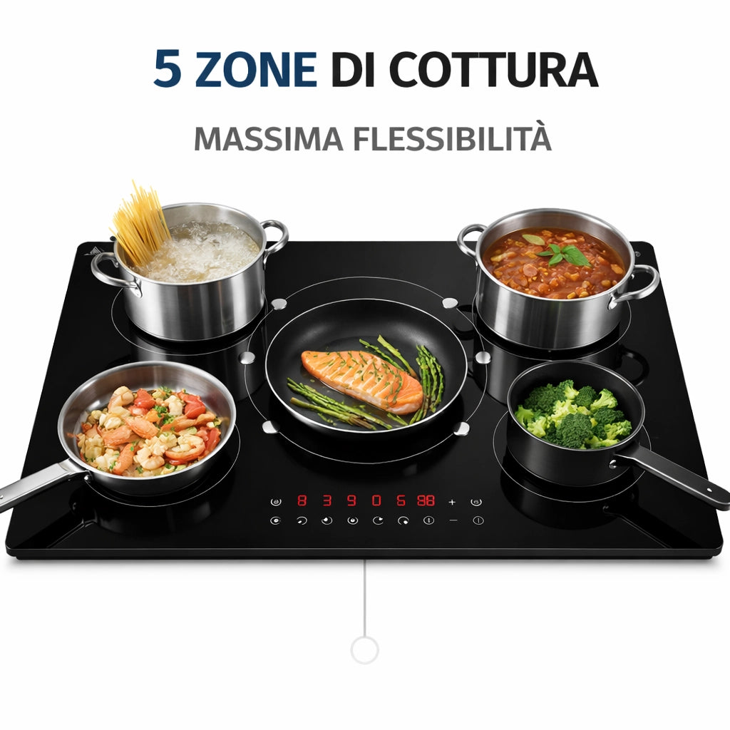 Piano Cottura Induzione 77cm 5 Fuochi Vetro Nero Touch 9 Livelli Power Boost