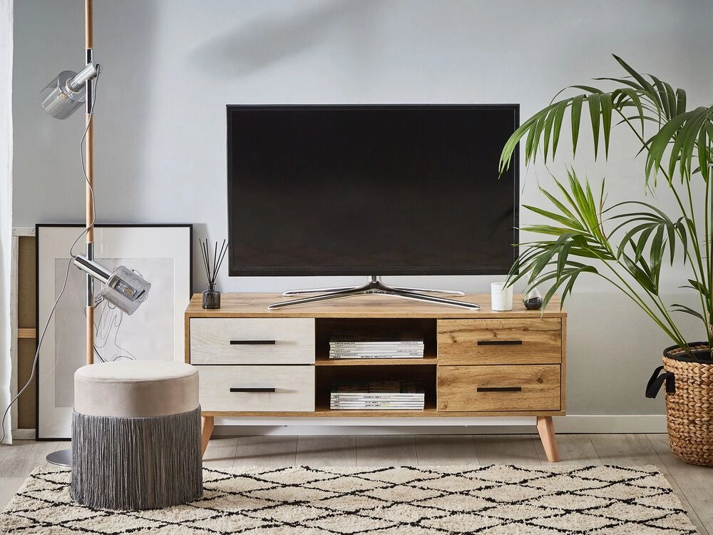Mobile TV in legno chiaro con bianco per TV fino a 55ʺ con 4 cassetti e 2 ripiani rustico