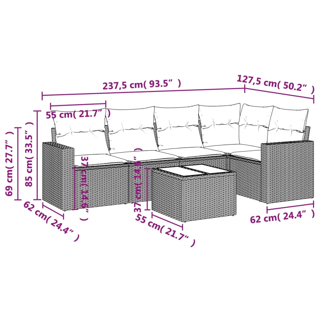 Set Divano da Giardino 6pz con Cuscini Grigio Chiaro Polyrattan