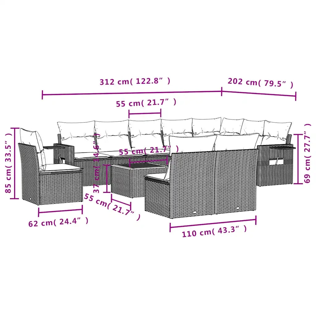 Set Divani da Giardino 11 pz con Cuscini Grigio in Polyrattan 3224619