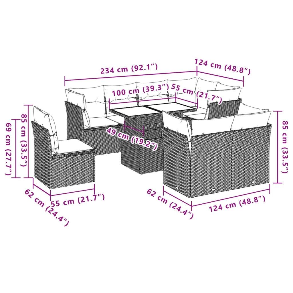 Set Divano da Giardino 9 pz con Cuscini Beige in Polyrattan 3266729