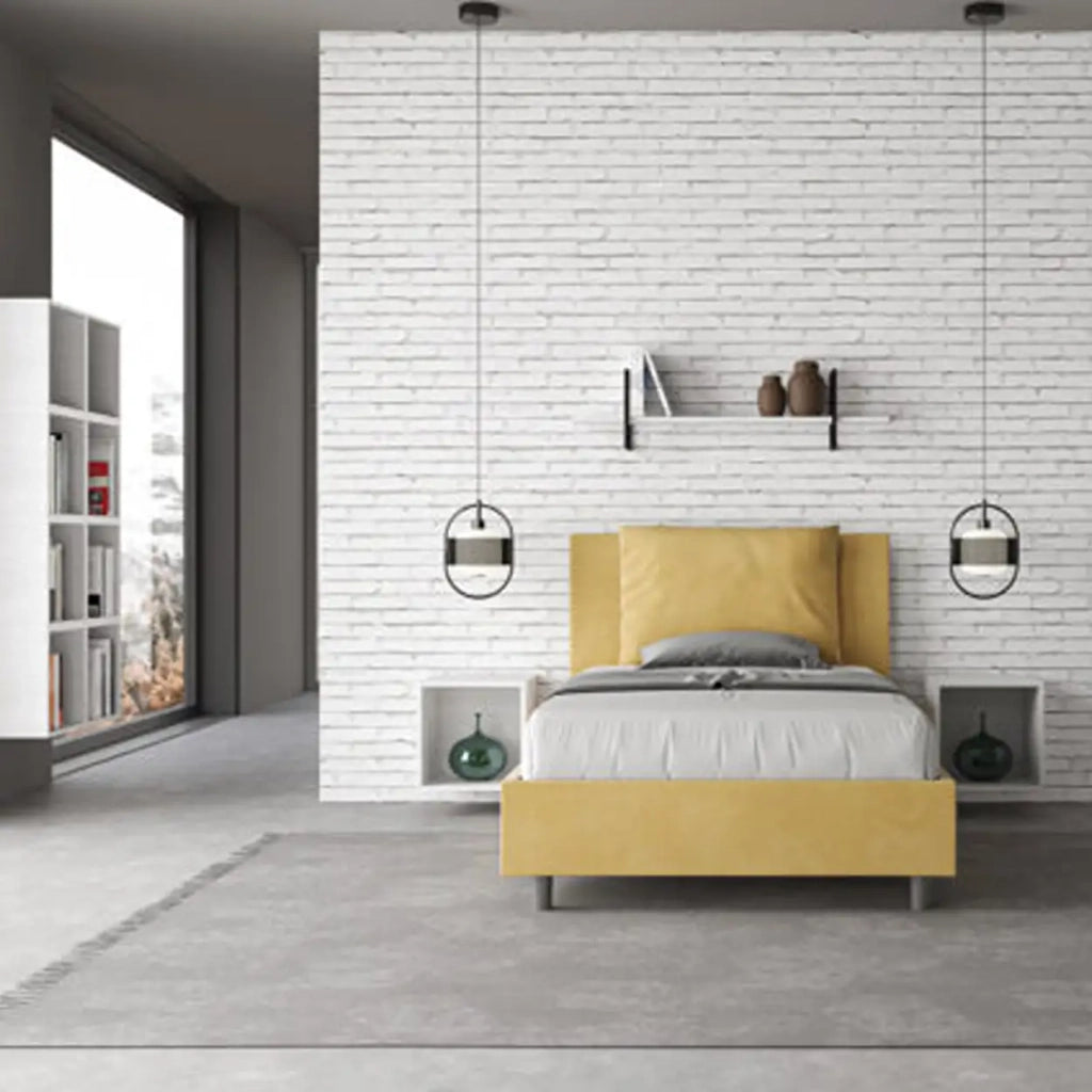 Letto una piazza e mezza contenitore imbottito 120x200 microfibra ocra Antea
