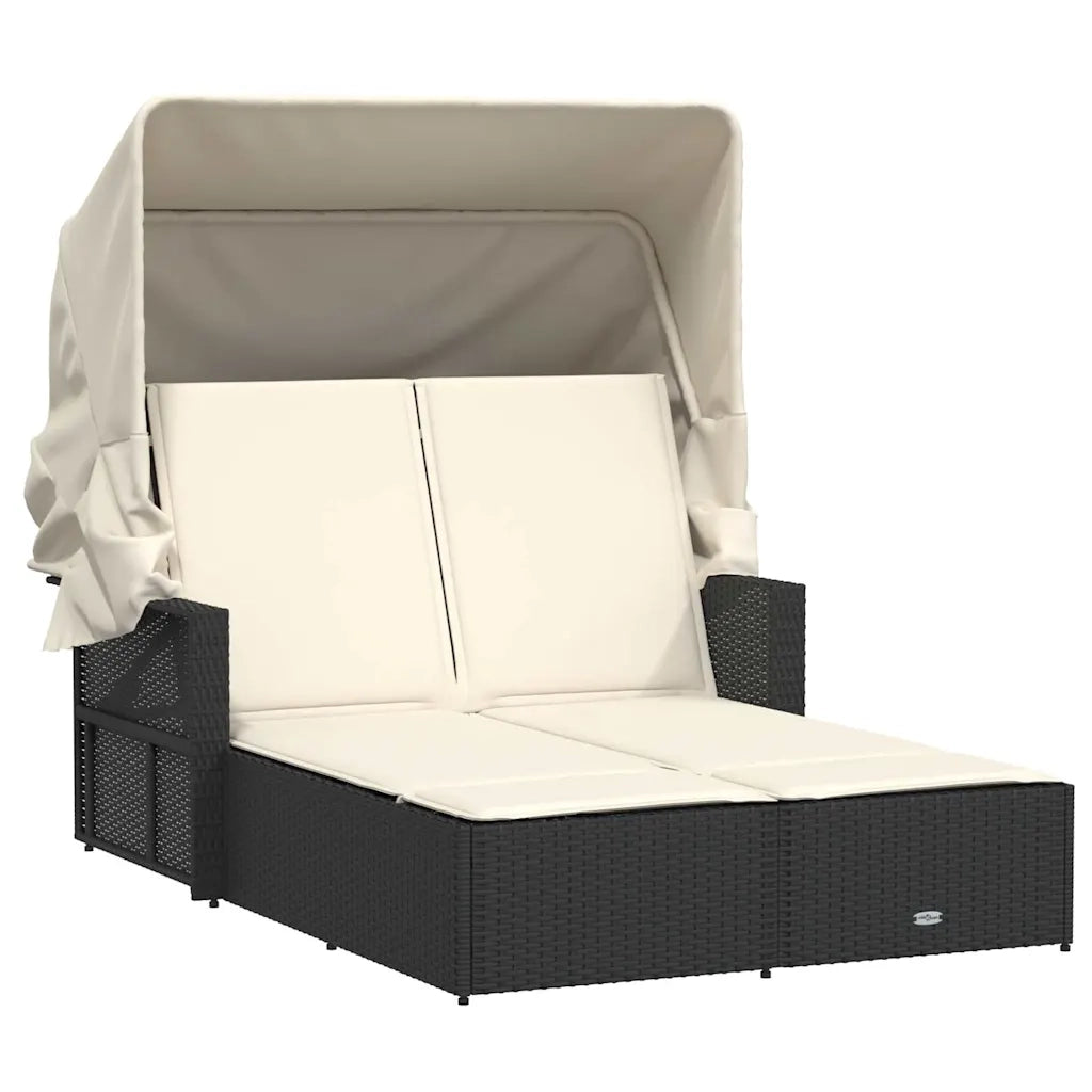 Lettino Prendisole Doppio Baldacchino e Cuscini Nero Polyrattan 365806