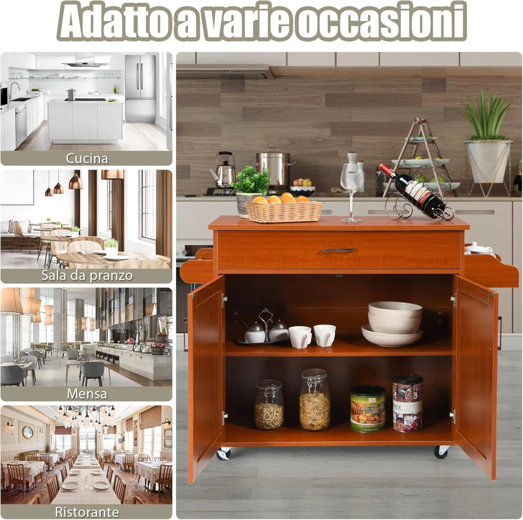 Carrello da Cucina con Ruote di Gomma, Scaffale per Microonde Carrello Servizio, Mobile Cucina con Ripiani e Ante, Credenza Cucina Legno Moderno Elegante, 116 x 37 x 85 cm (Marrone)