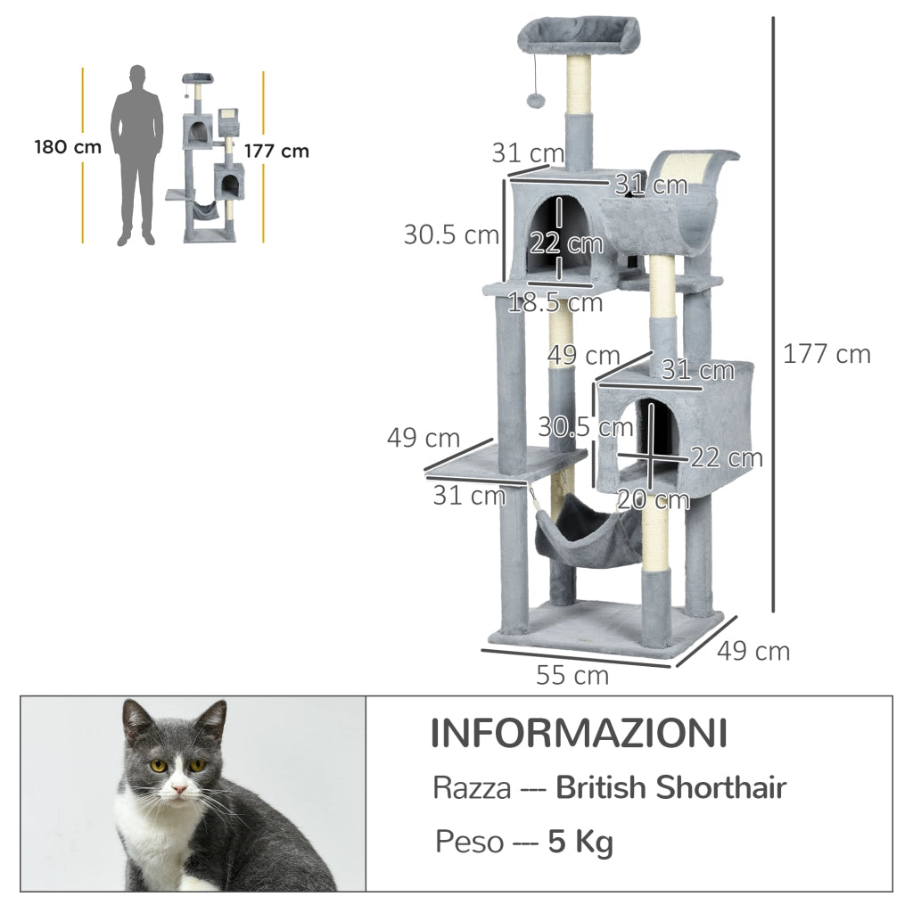 Tiragraffi per Gatti con Amaca e Casette ¨C Xylo ¨C Grigio e Bianco 55x49x177cm