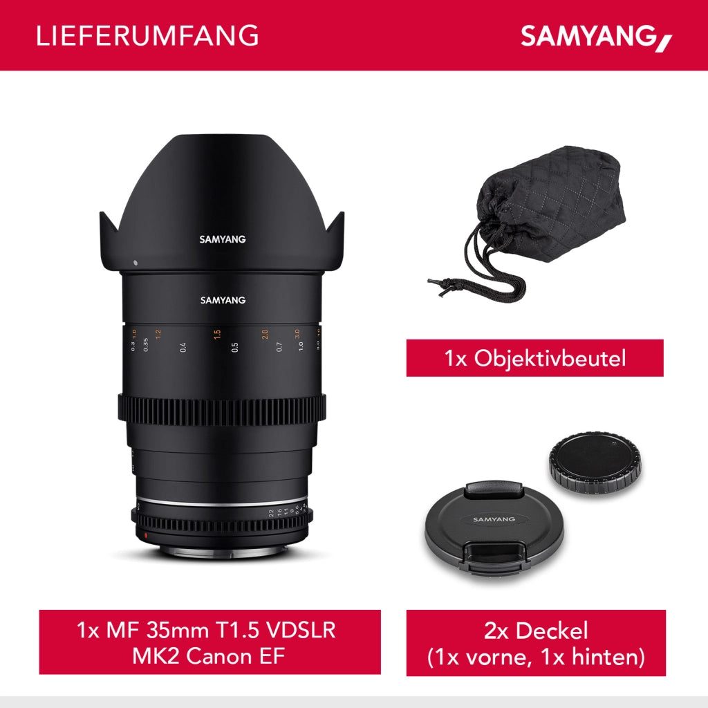 Obiettivo grandangolare per video MF 35mm T1,5 VDSLR MK2 – luminoso T1,5 per Canon EF Mount, Follow Focus, full-frame e APS-C, risoluzione 8K