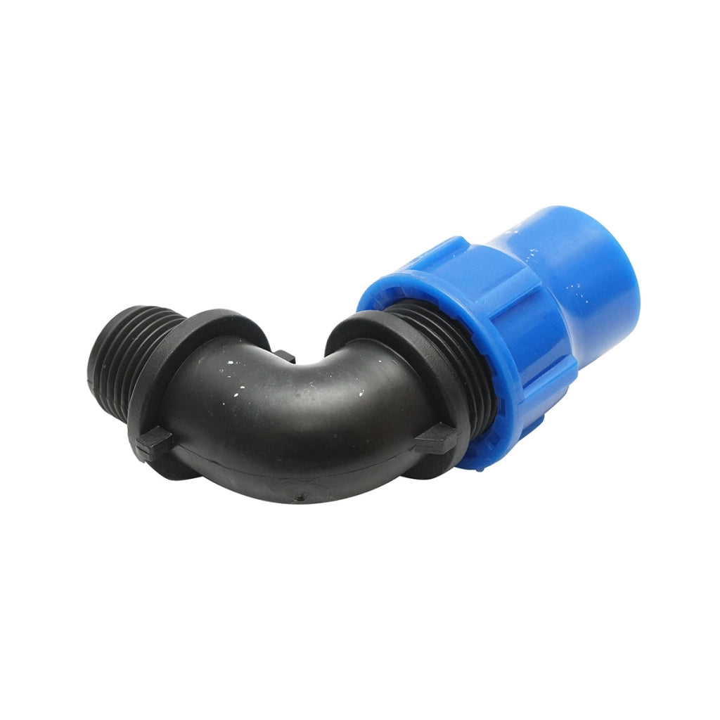 Gomito di compressione con filettatura esterna D20mmx1/2 per sistemi di irrigazione