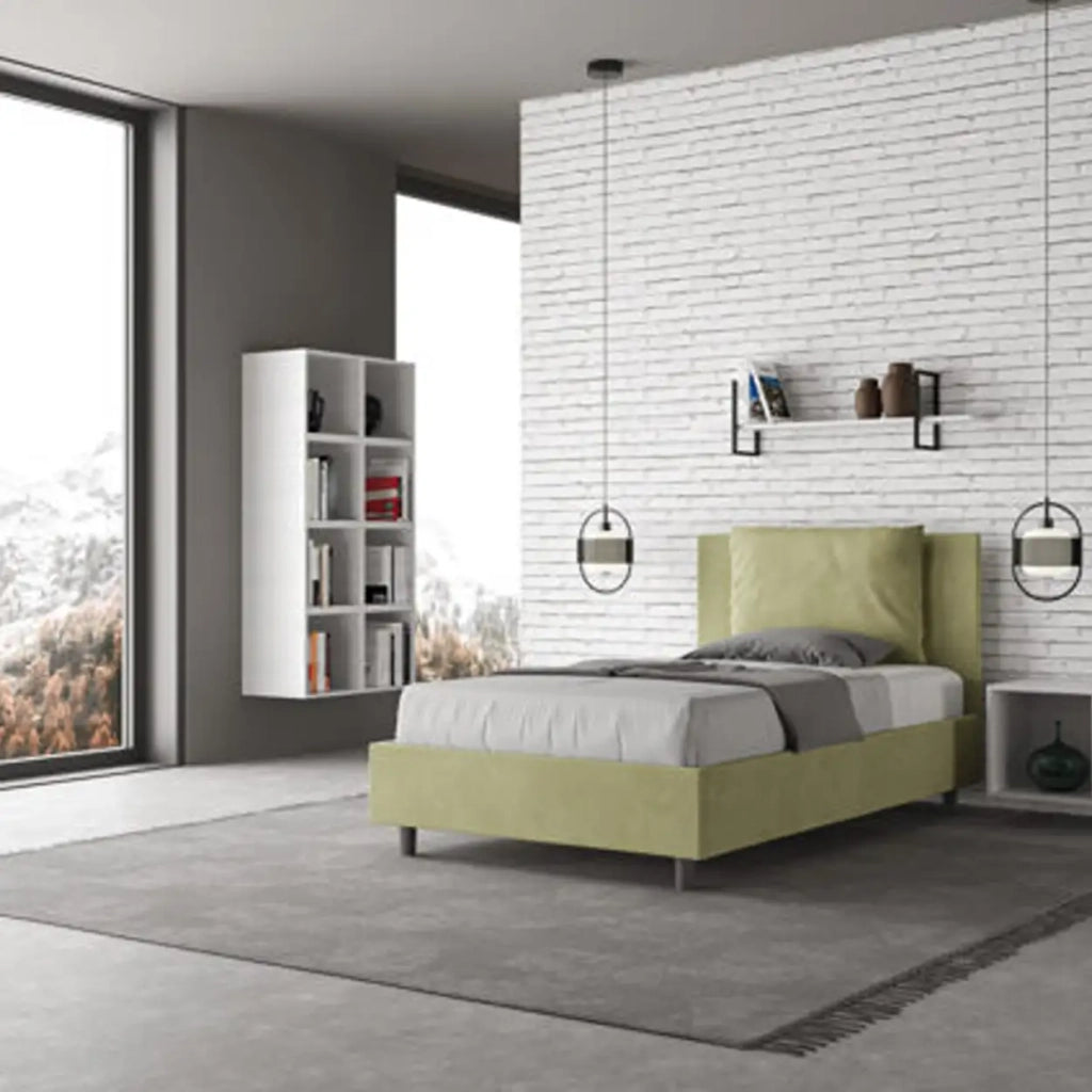 Letto una piazza e mezza con rete imbottito 120x190 microfibra tè verde Antea