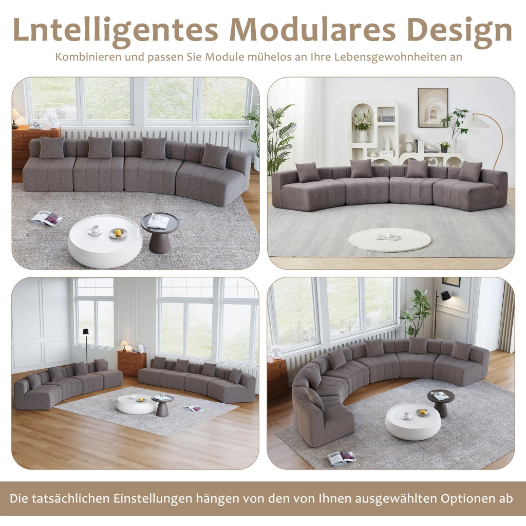 DIVANO Modulare Curvo in Chenille Grigio con 2 Cuscini