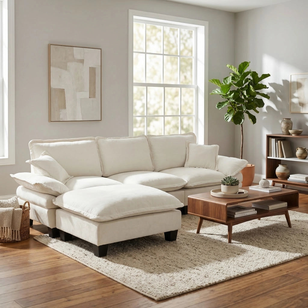 Divano Angolare Modulare con Ottomane ¨C Xylo ¨C Chaise Longue, Tessuto Chenille, Cuscini, Beige