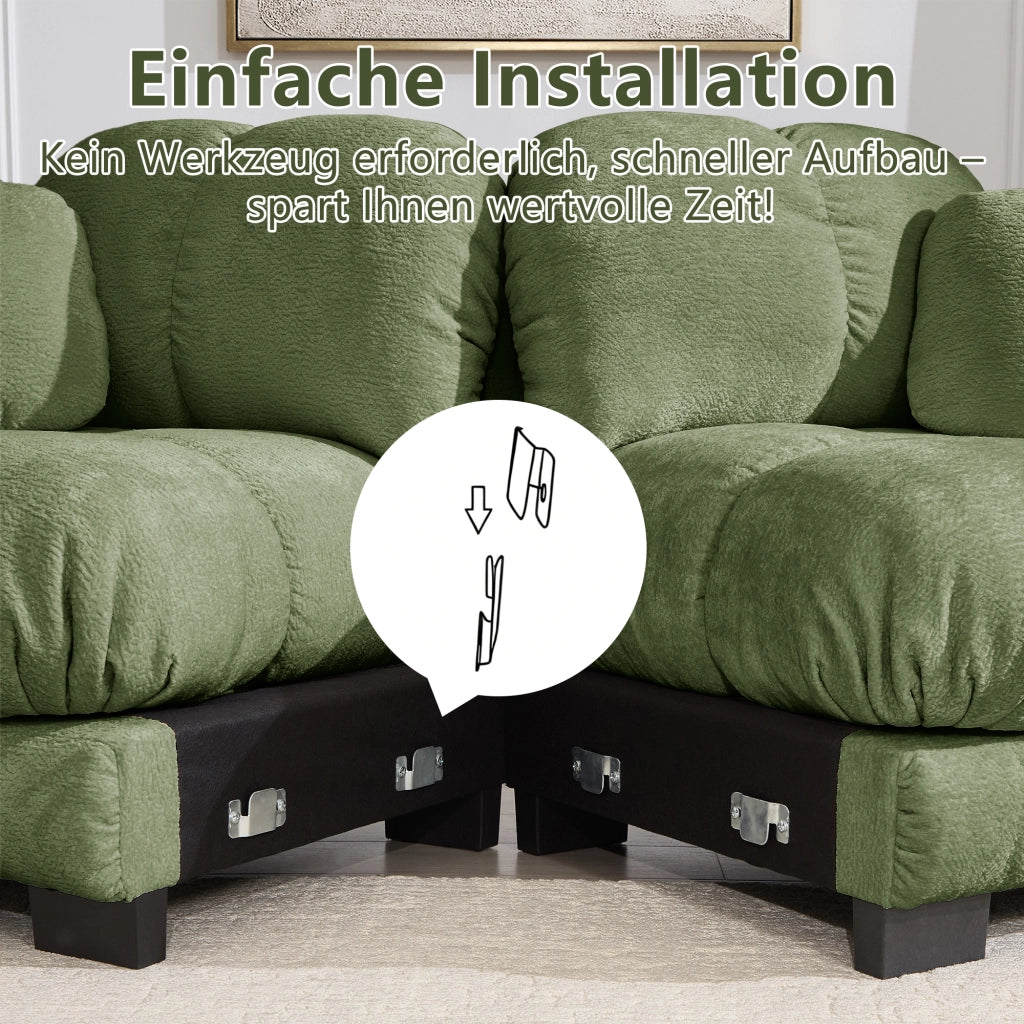 Divano angolare convertibile 3 posti con pouf mobile e 2 cuscini, Chenille Verde