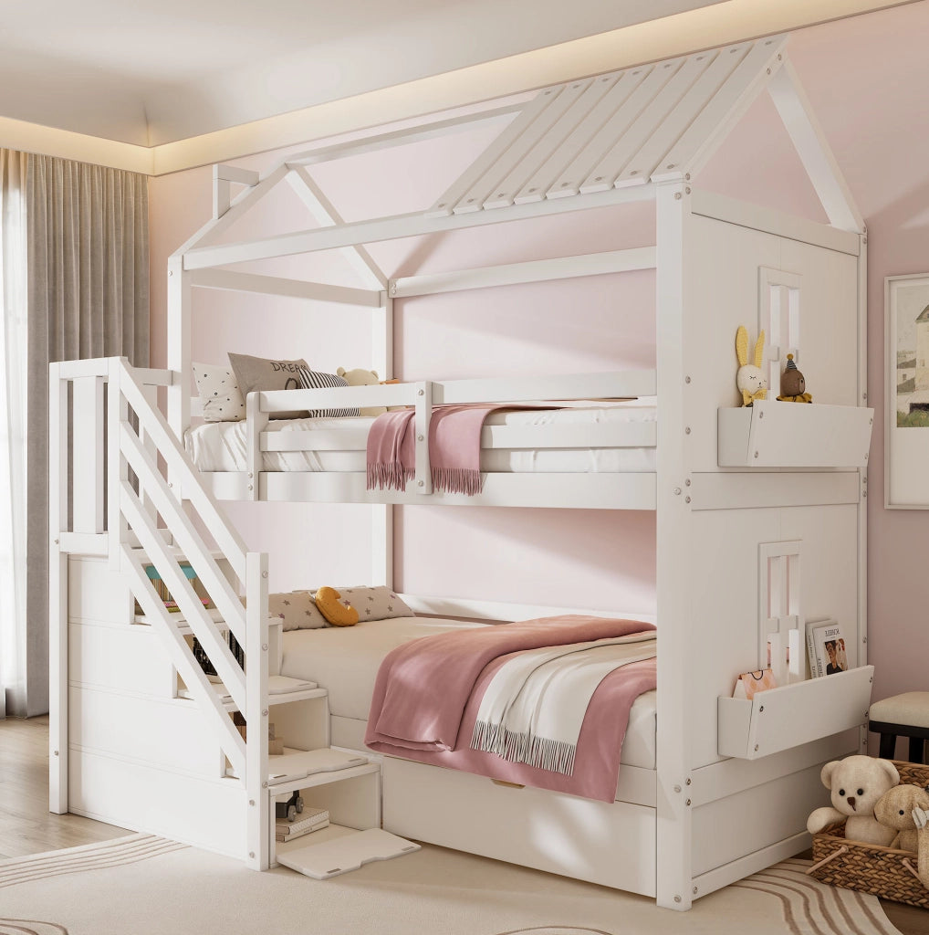 Letto a castello per bambini 90x200 cm con scala contenitore; cassetti e ripiani; bianco
