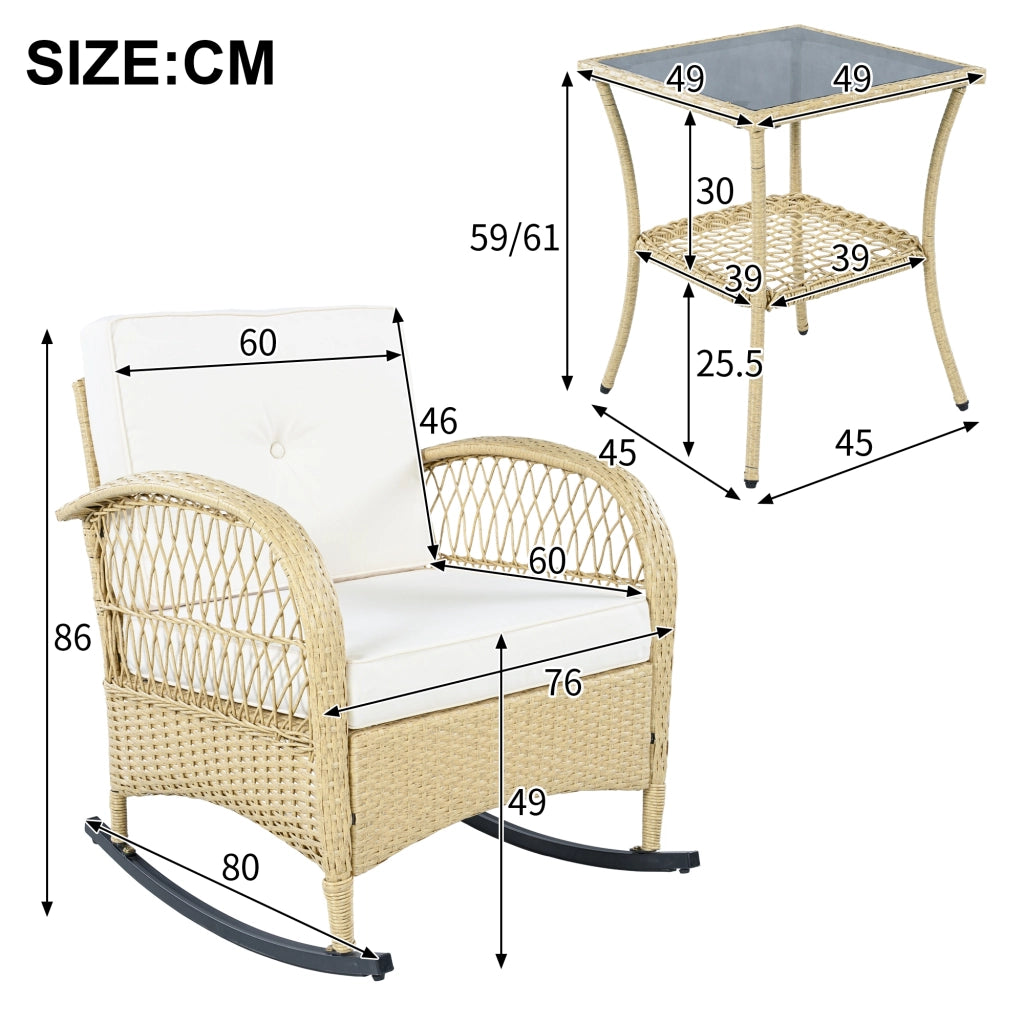 Set da balcone a dondolo 3 pezzi con tavolino in vetro temperato e cuscini beige