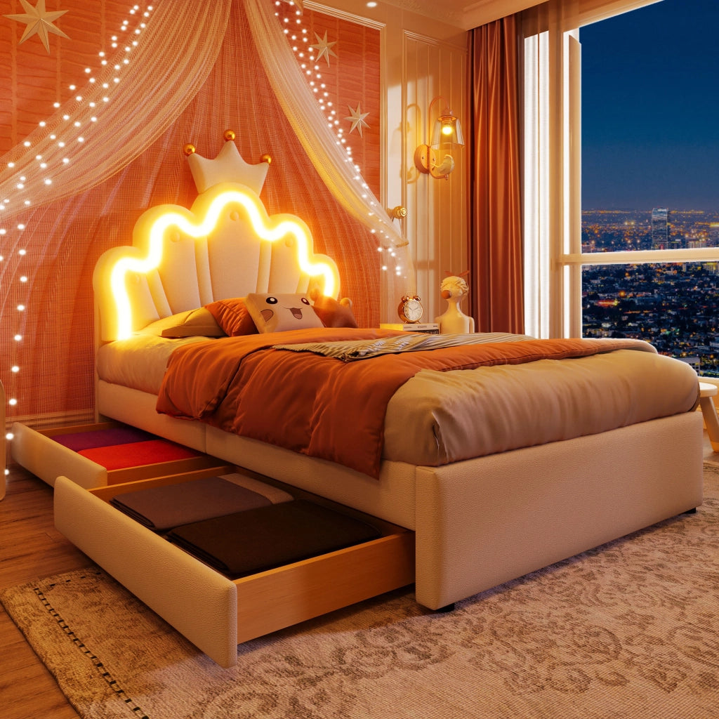 Letto per Bambini 1 Posto con 2 Cassetti; Testiera Regolabile e LED; 90×200 cm; senza Materasso