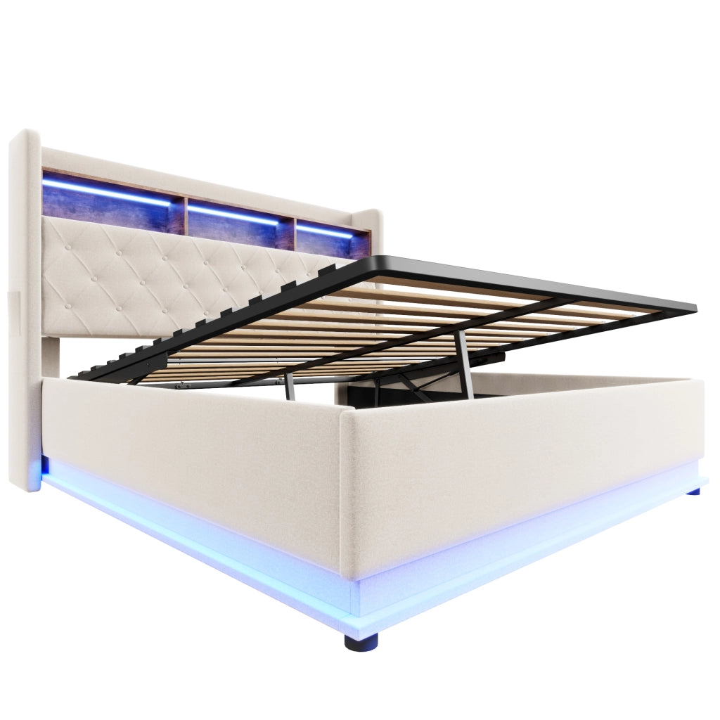 LETTO Imbottito 180x200 cm Beige con LED, USB e vano contenitore