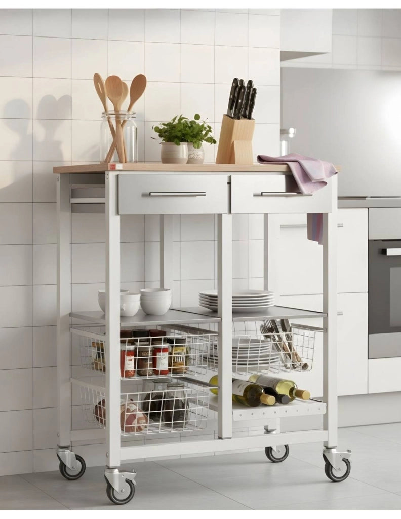 Carrello da cucina ONDA DOBLE – Carrello in metallo doppio con 3 cestelli, 2 cassetti, portabottiglie