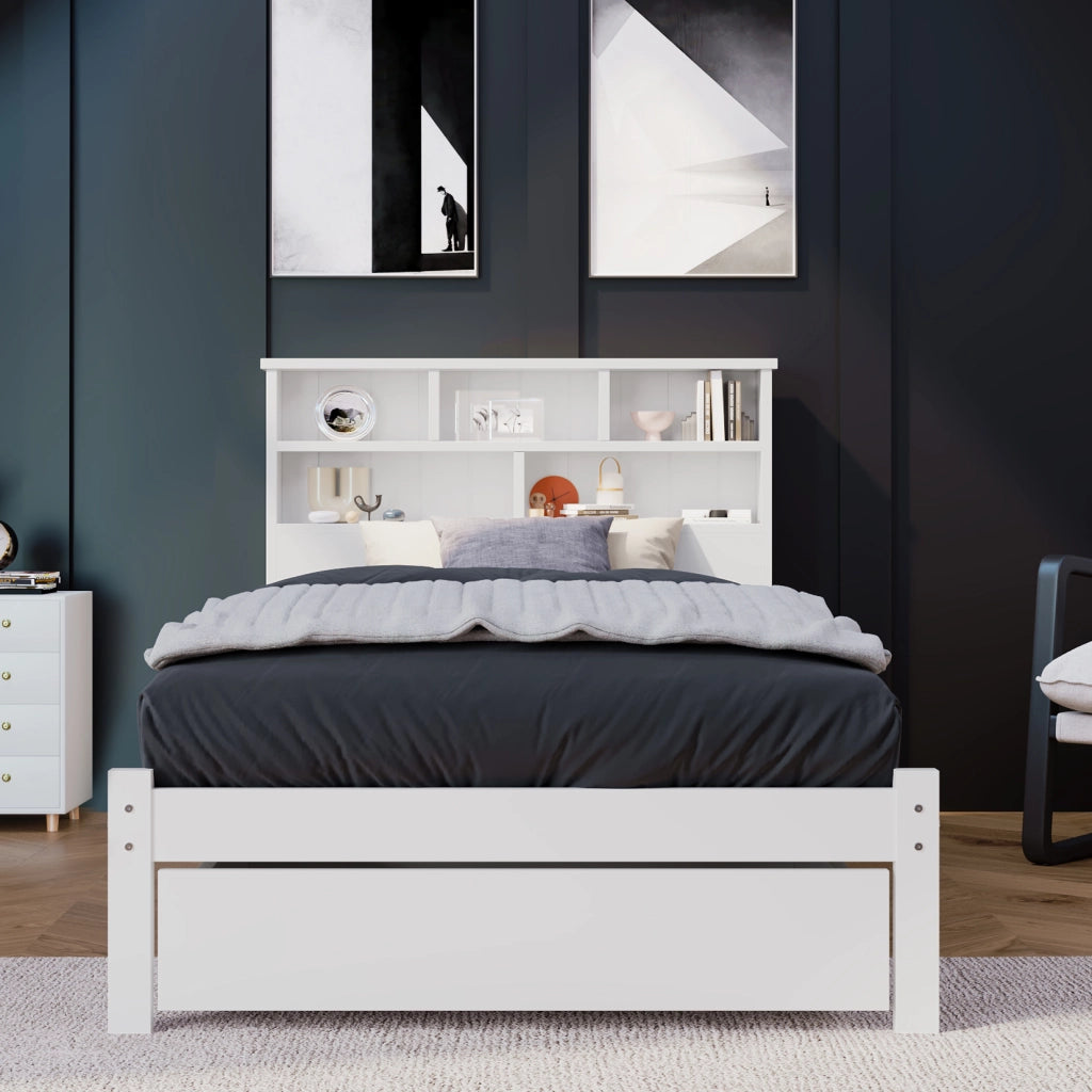 LETTO singolo 90x200 cm con cassetti e testiera libreria bianco