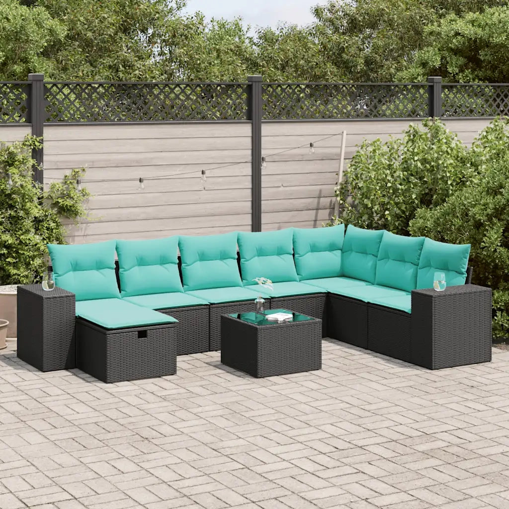 Set Divani da Giardino 9 pz con Cuscini Nero in Polyrattan 3325743