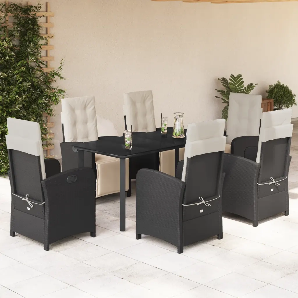 Set da Pranzo da Giardino 7 pz Nero con Cuscini in Polyrattan