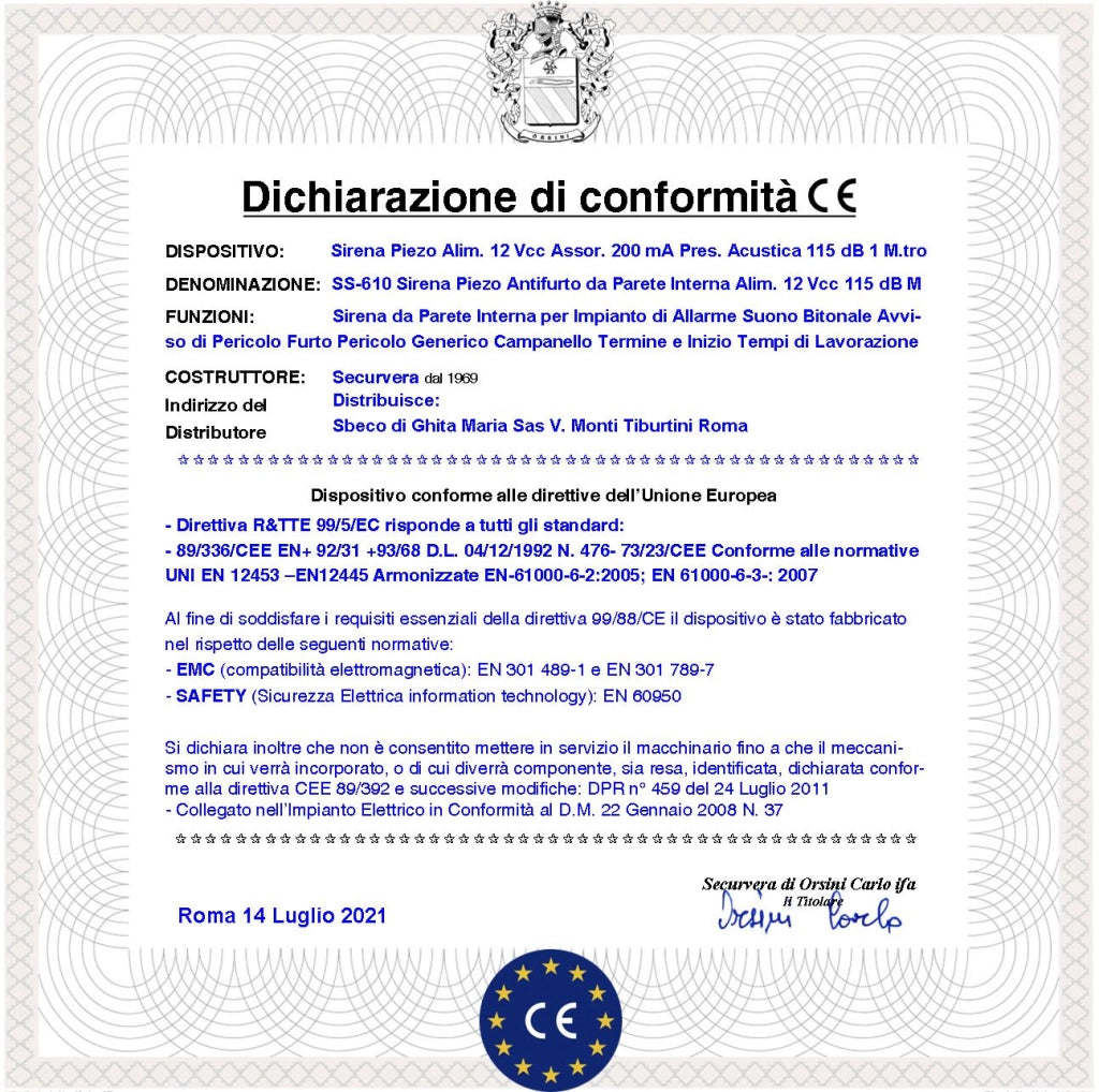 Sirena Trasduttore Piezoelettrica 12 Pezzi Per Antifurto Fissaggio a Parete Melodia Bitonale da 1500 a 4000 Hz 115 dB Alimentazione 12 Vcc Assorbimento 200 mA Morsetti Polarizzati Contenitore ABS IP32