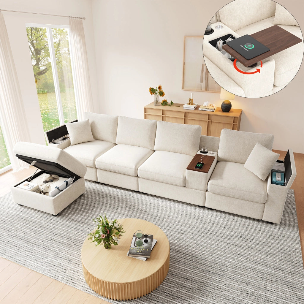 Divano modulare angolare in ciniglia con USB tipo C portabicchieri e contenitore beige