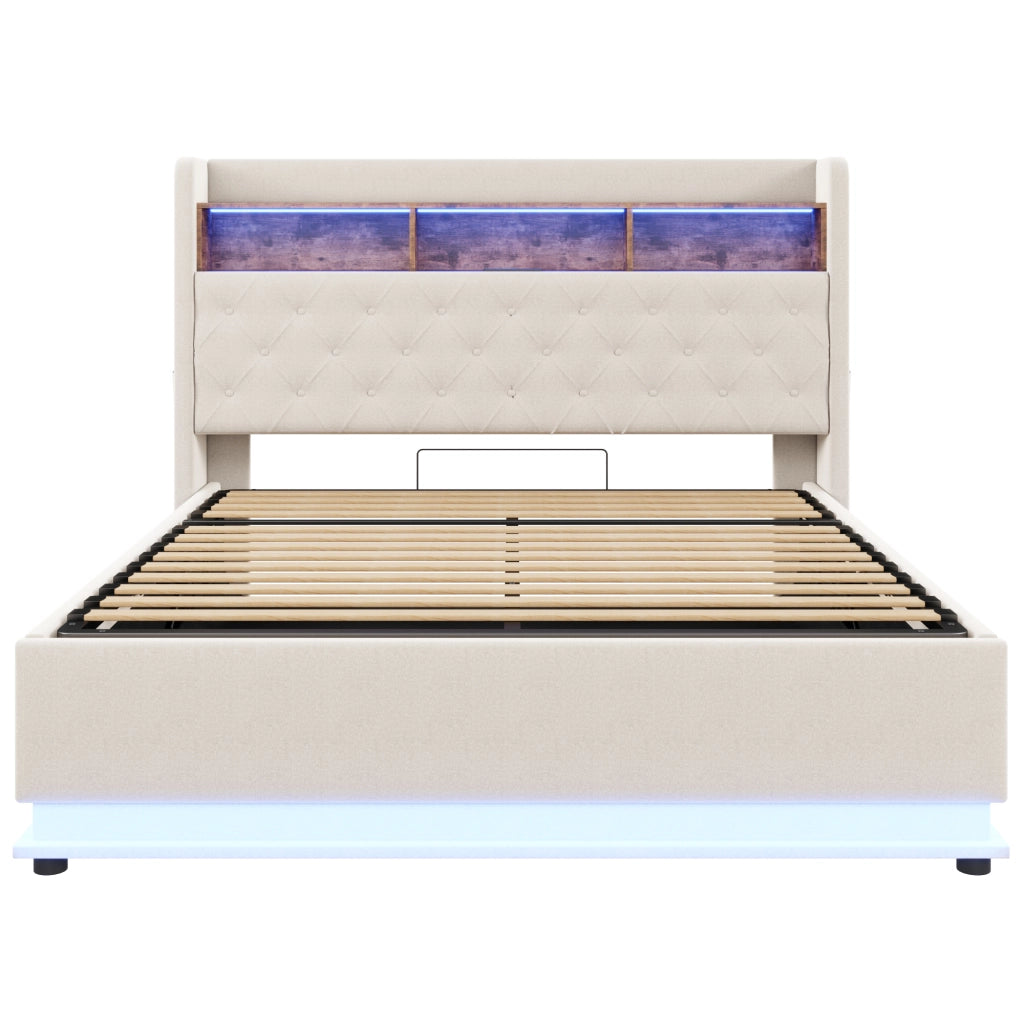 LETTO Imbottito 180x200 cm Beige con LED, USB e vano contenitore