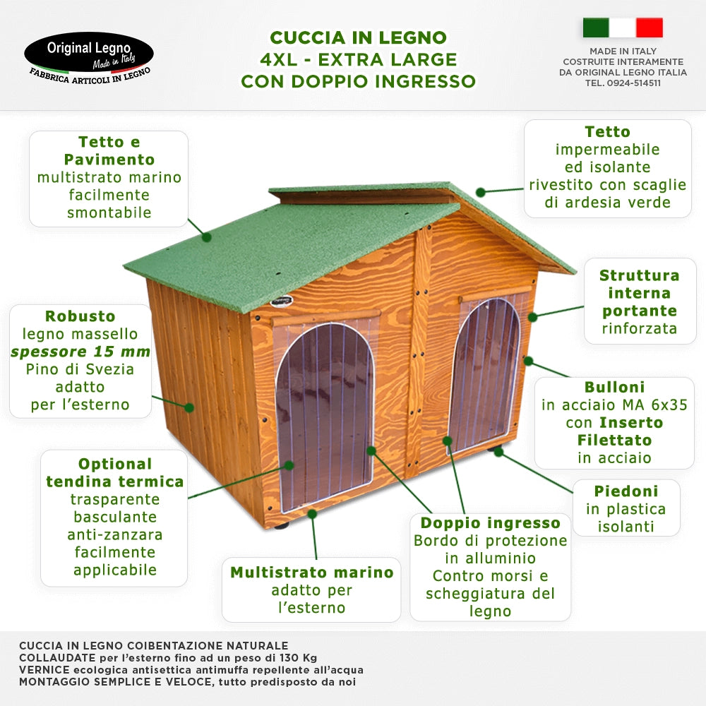 CUCCIA IN LEGNO DA ESTERNO MODELLO 4XL GIGANTE CON DUE INGRESSI CON SEPARÈ E "TENDINE OMAGGIO" L.150 x P.125 x H.115