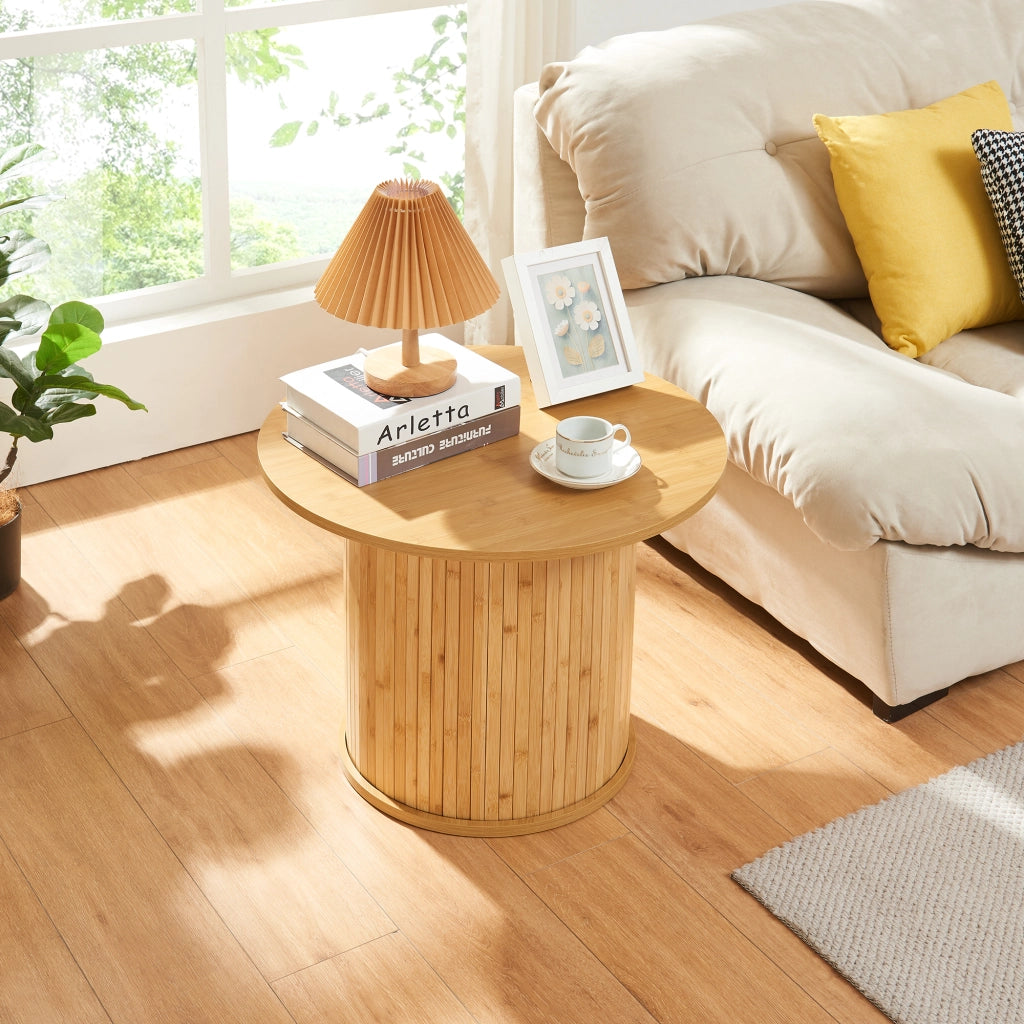 Tavolino da Caffè Rotondo Ledepid 45xØ60 cm con Piano Sporgente  - Naturale [en.casa]