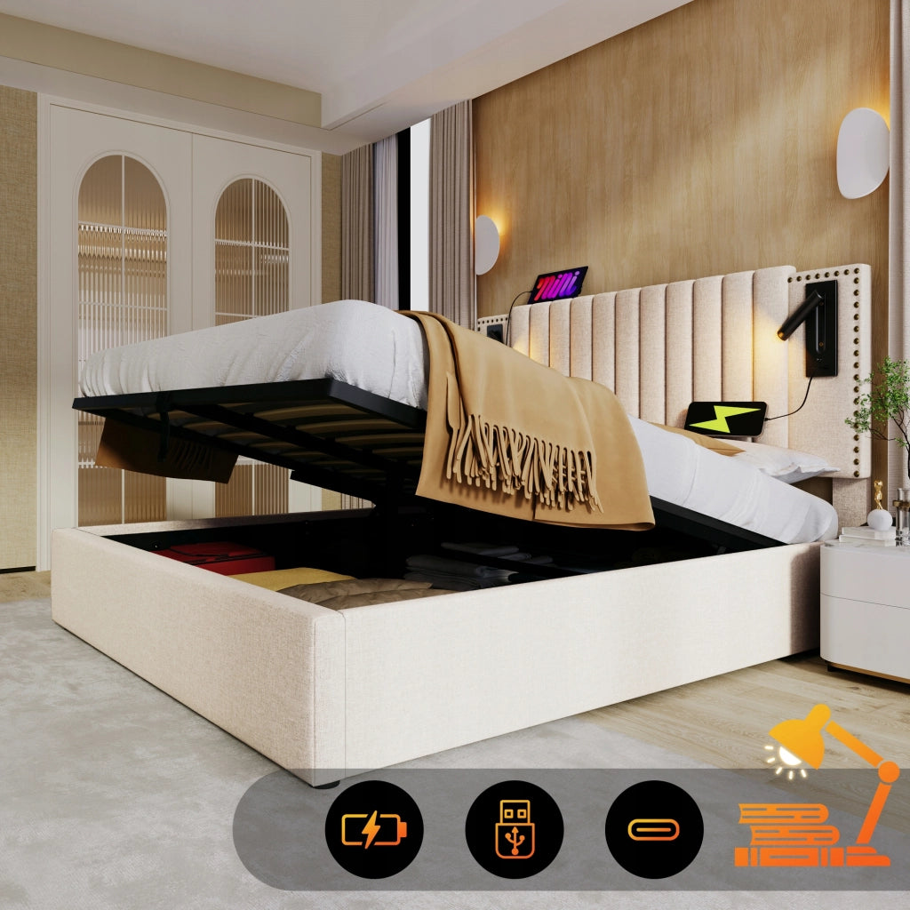Letto imbottito con contenitore e luce - Xylo - 180x200 - Beige