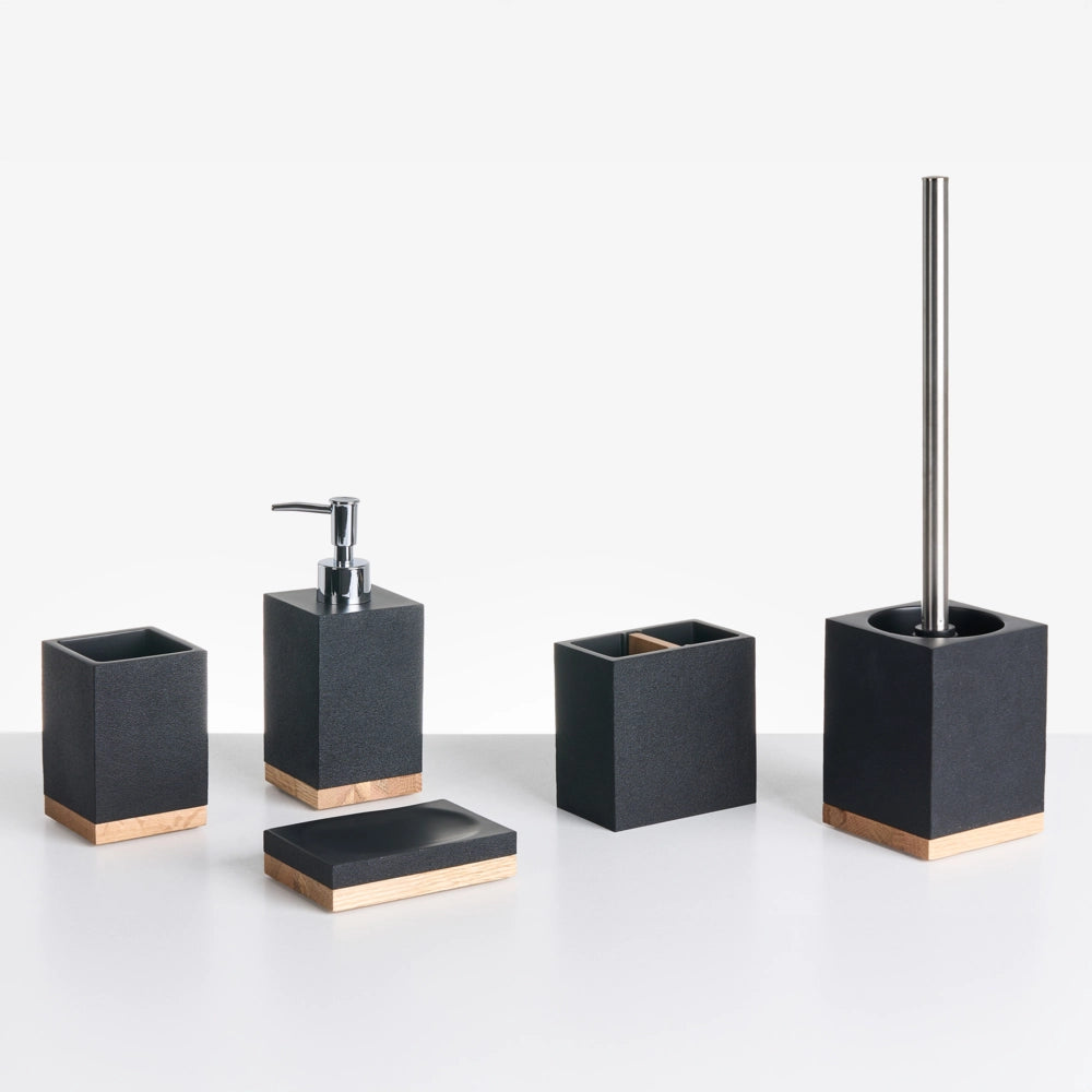 Set di 5 accessori da bagno con portasapone, dispenser, scopino, bicchiere e portaspazzolini nero