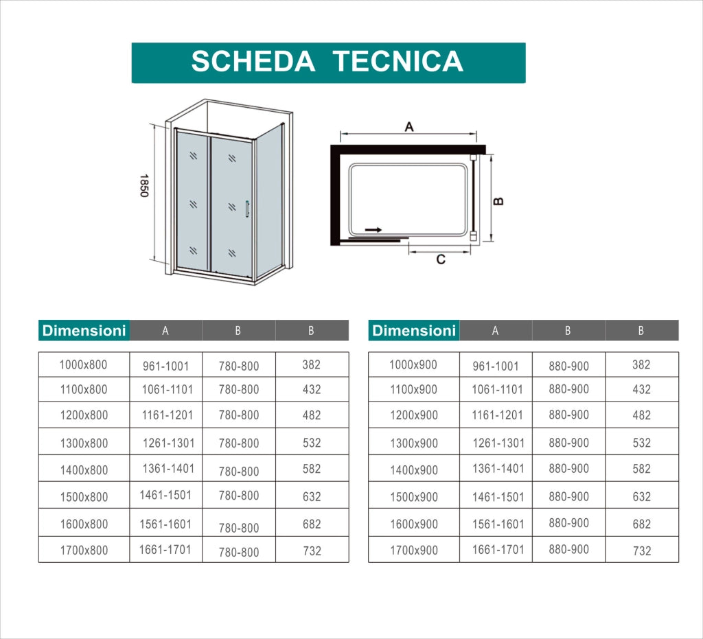 H.185 cm Box Doccia Angolare Porta Scorrevole con Parete Fissa Vetro Temperato 5 mm Satinato Opaco 100x70 cm