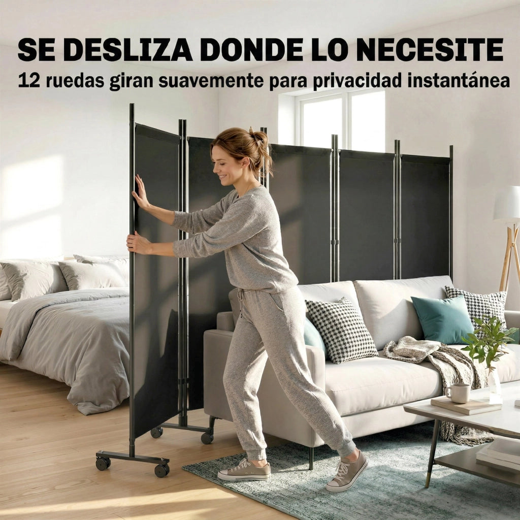 Paravento Divisorio 5 Pannelli con 12 Ruote ¨C Xylo ¨C Nero 252x170 cm
