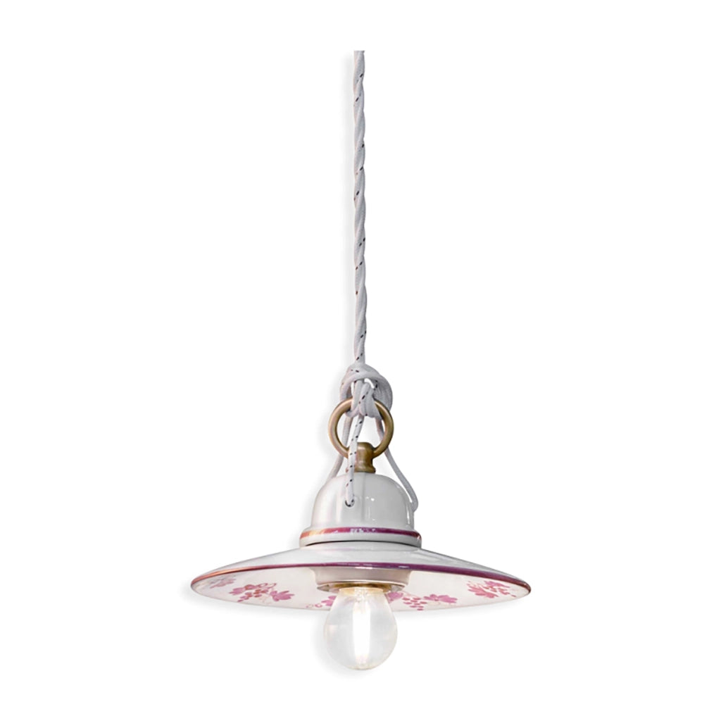 Sospensione Classico Asti Ferro E Ceramica Ottone Satinato Decorato 1 Luce E27