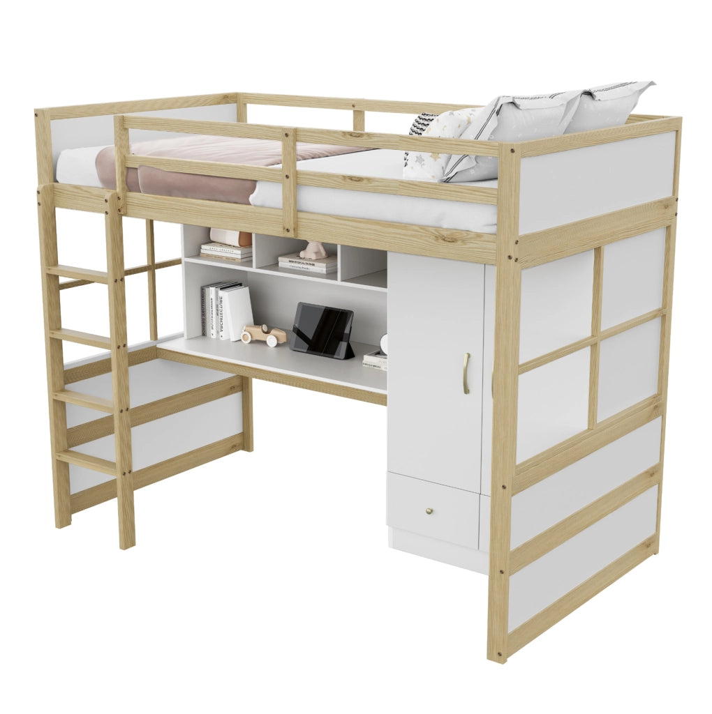 Letto a soppalco 90x200 cm con scrivania, armadio e cassetti