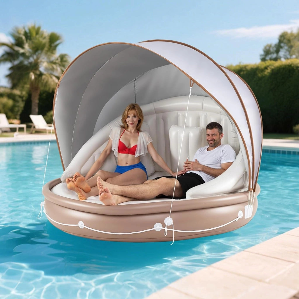 Isola Gonfiabile da Piscina, Lounge Gallegiante con Ombra Retrattile e Rimovibile, Dotato di 3 Cuscini, Materasso Gonfiabile Pieghevole e Portatile per 2 Persone, Portata 180 kg