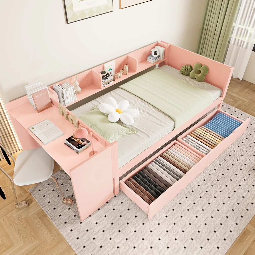 Letto Singolo con Scrivania e Cassetti ¨C MINIMAL ¨C Pino, Rosa, 90x200