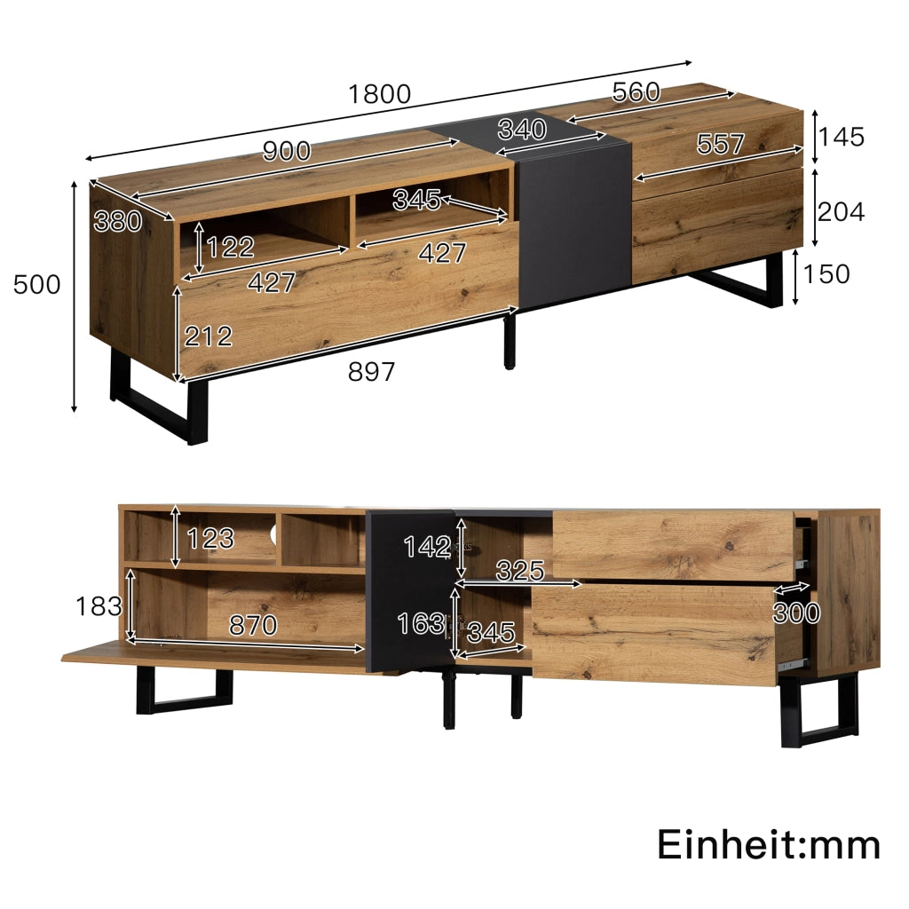 Cassettiera per TV nero e grigio in MDF lunghezza 180 cm