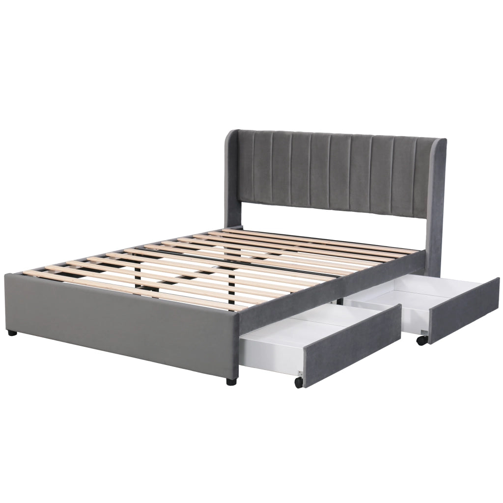 Letto imbottito 140x200 cm in velluto grigio con testiera, rete a doghe e 2 cassetti