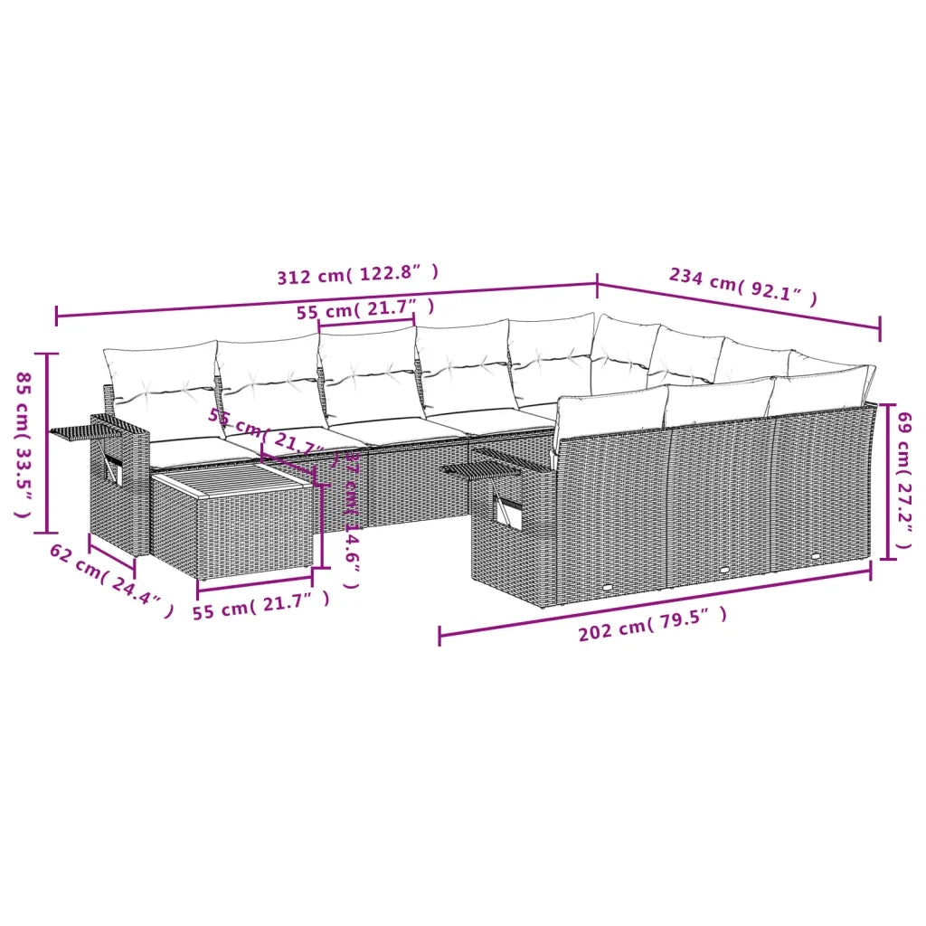 Set Divani da Giardino 11 pz con Cuscini in Polyrattan Grigio 3257082