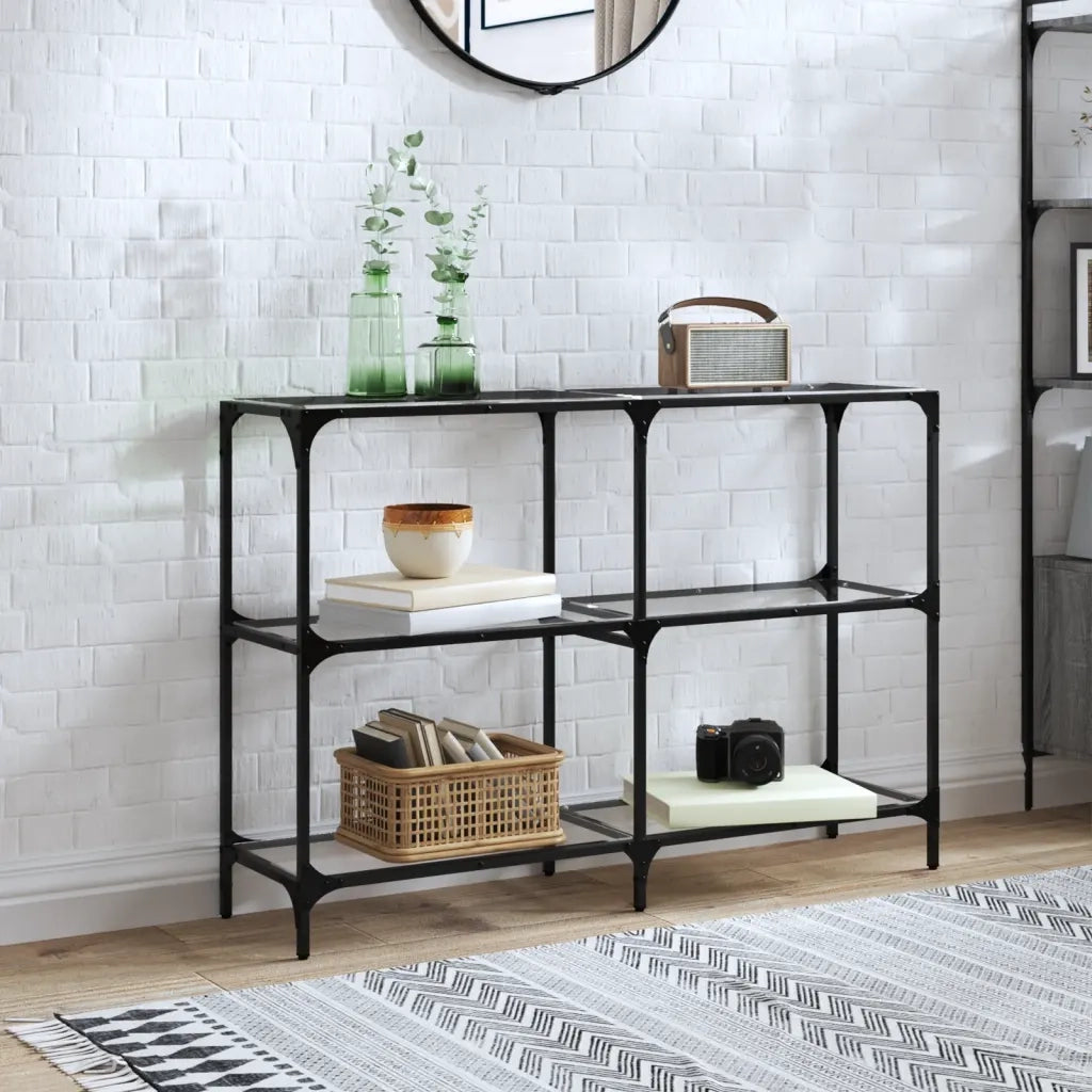 Tavolino Consolle-Tavolino da soggiorno-Tavolo Piano Vetro Trasparente 118,5x30x81cm Acciaio