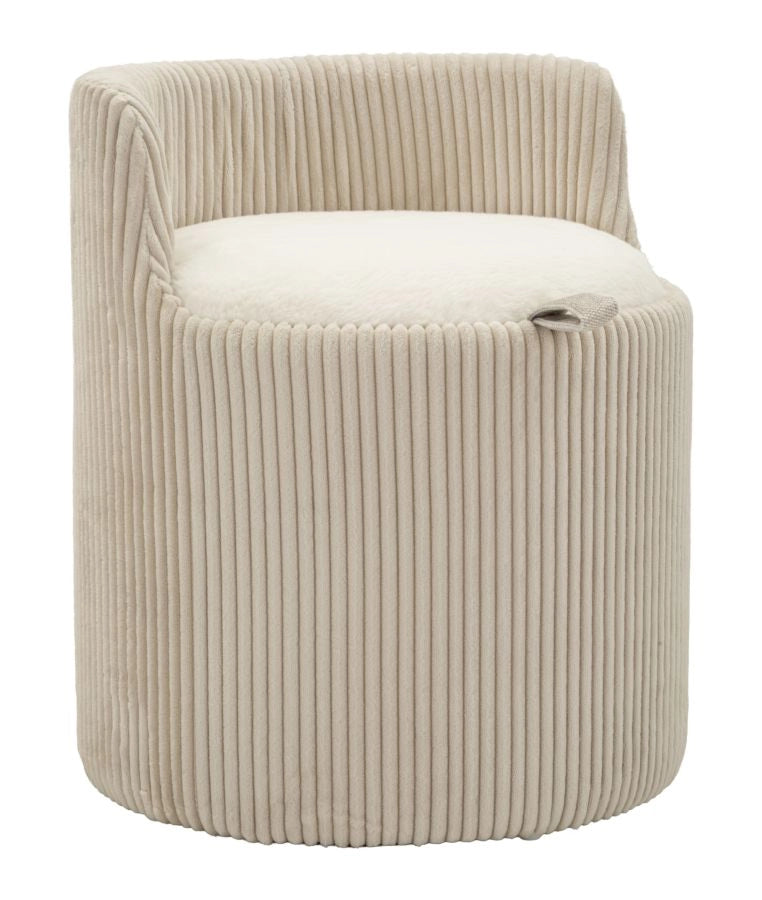 Puff da Toletta Dublino Moderno in MDF e Tessuto Plissettato Bianco Ø 47x53 cm - Seduta Beauty con Vano Contenitore - Design Compatto