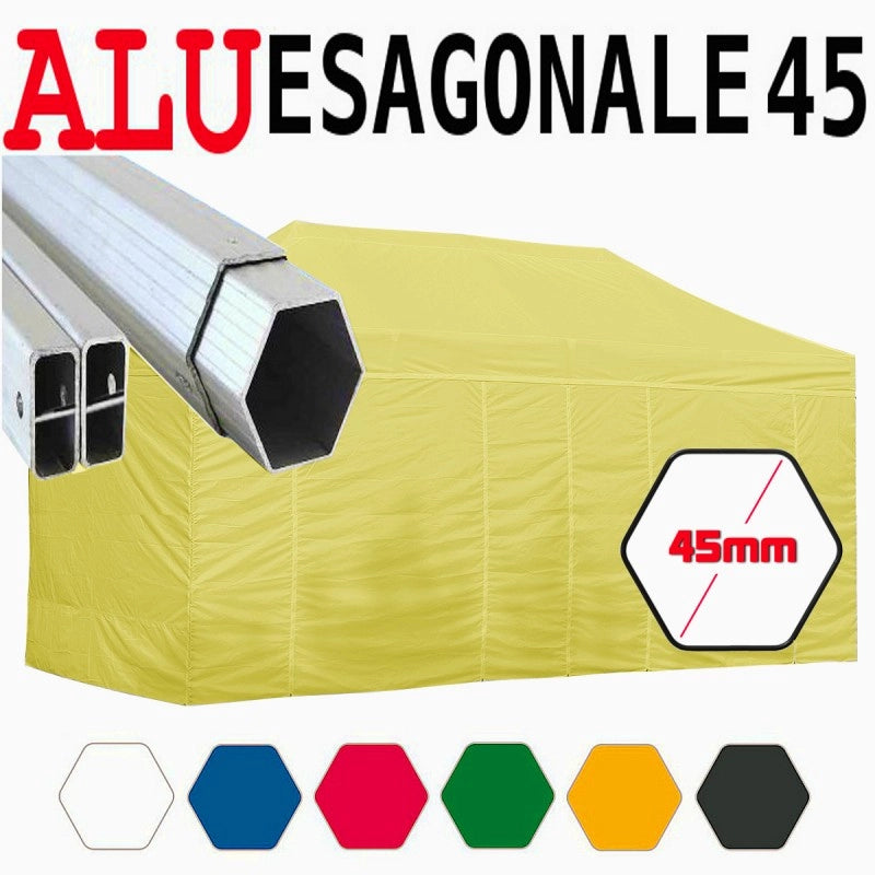 Gazebo 3X6 m giallo pieghevole alluminio piantone esagonale 45mm portatile estendibile richiudibile estensibile acciaio con laterali per fiere eventi stand chiosco tenda tendone mercato mercatino    