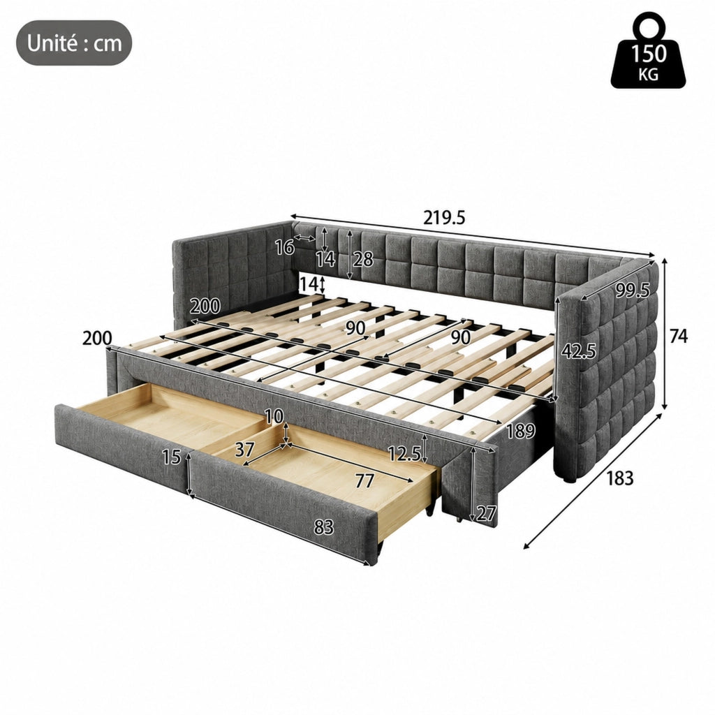 LETTO Divano Estraibile 90x200 cm Velluto Grigio con 2 cassetti