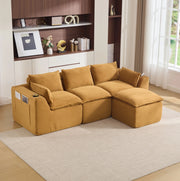 Divano modulare 3 posti con pouf; tasche laterali e cuscini; in corduroy arancione 256x161x75 cm