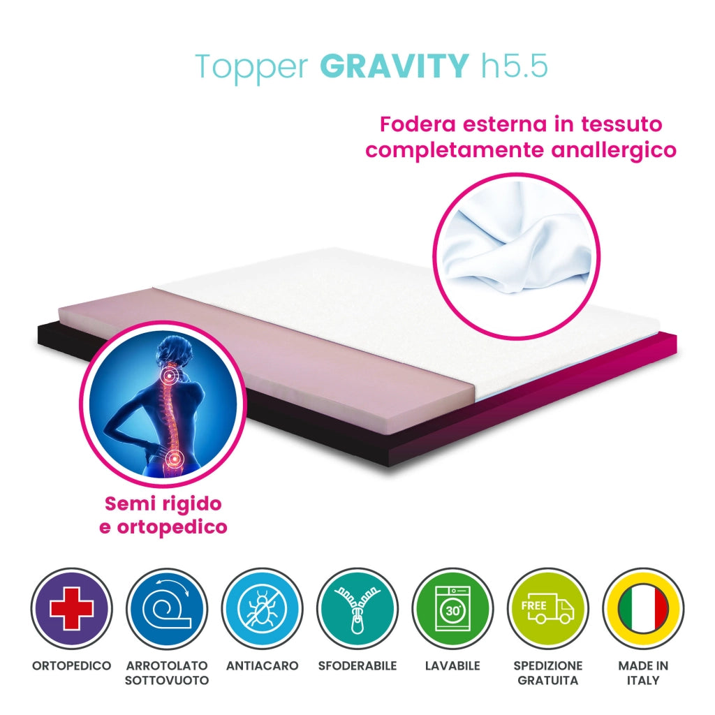 Topper francese semi rigido ORTOPEDICO, correttore materasso Alto 5.5 cm con tessuto anallergico sfoderabile e lavabile - GRAVITY misura 140x200 Cm